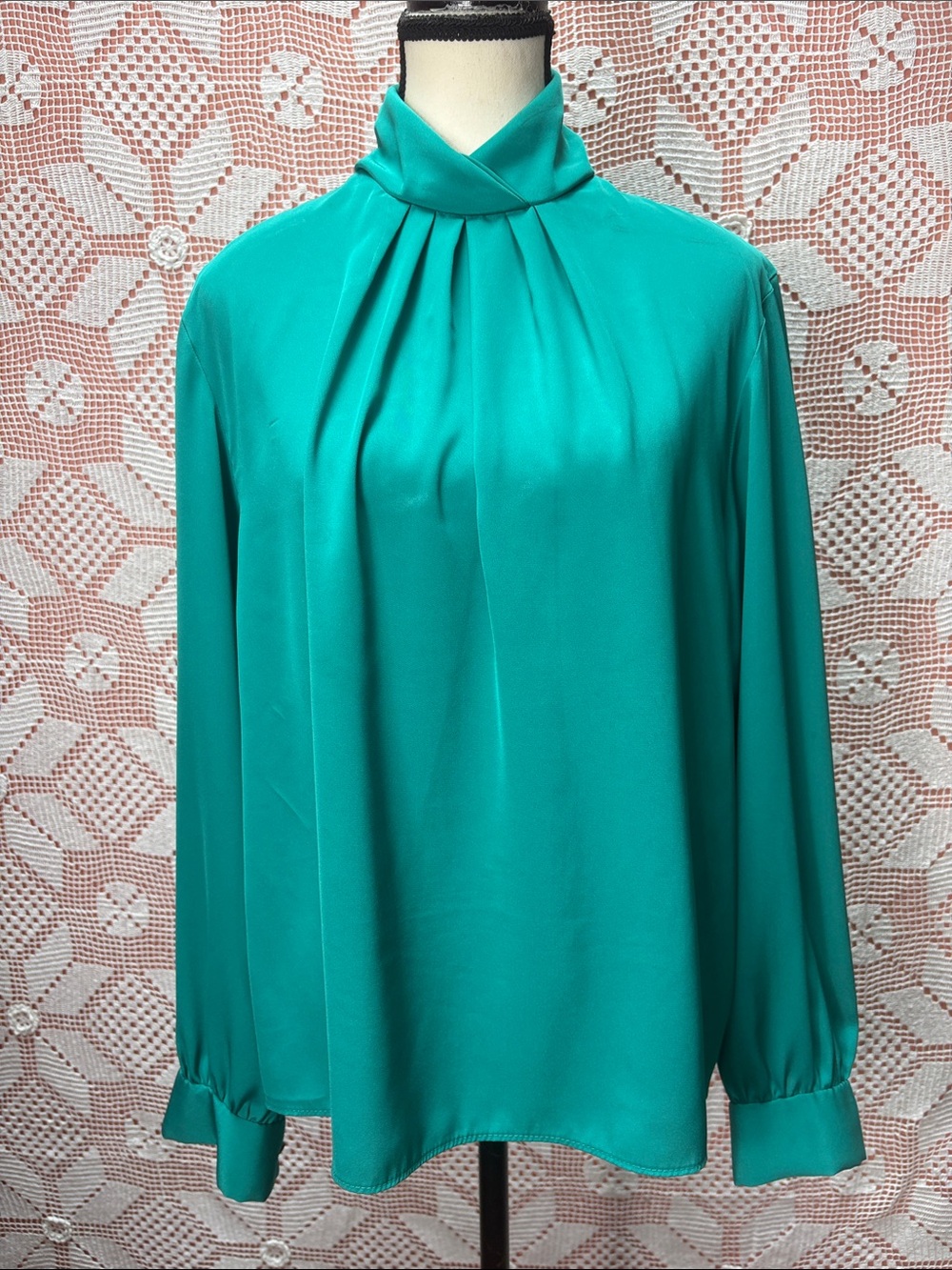 Vintage Teal High Neck Pleated Blouse Long Sleeve